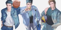 Rule 34 | 14ho sd, 3boys, ball, basketball (object), belt, bishounen, black eyes, black hair, black shirt, blue bag, blue jacket, blue pants, bracelet, brown belt, brown hair, carrying, carrying under arm, chain, chain necklace, cowboy shot, denim, food, food in mouth, fruit, highres, holding, holding ball, jacket, jeans, jewelry, layered clothes, lemon, lemon slice, looking at viewer, male focus, mitsui hisashi, miyagi sota, multiple boys, necklace, off shoulder, pants, scar, scar on chin, scar on face, sendou akira, shirt, short hair, simple background, single off shoulder, slam dunk (series), sleeveless, smile, spiked hair, toned, toned male, undercut, white background, white shirt