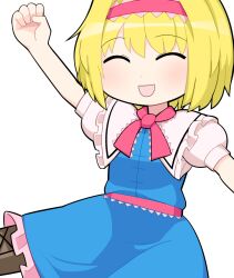 Rule 34 | 1girl, alice margatroid, blonde hair, blue dress, blush, boots, bow, bowtie, breasts, brown footwear, clenched hand, closed eyes, commentary request, cookie (touhou), cowboy shot, dress, frilled sash, hairband, hospital king, ichigo (cookie), medium bangs, open mouth, pink bow, pink bowtie, pink hairband, pink sash, sash, short hair, simple background, small breasts, smile, solo, touhou, white background