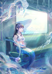Rule 34 | 1girl, absurdres, black hair, cellphone, closed mouth, commentary request, hand grip, high heels, highres, holding, holding clothes, holding footwear, jellyfish, long hair, meiyo, mermaid, monster girl, original, phone, pointy ears, scales, sitting, smartphone, smile, solo, train interior, underwater, vehicle interior, whale