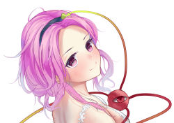 Rule 34 | 1girl, absurdres, bare shoulders, black hairband, blush, bra, breasts, chinese commentary, commentary request, forehead, hair ornament, hairband, head tilt, heart, heart hair ornament, highres, kaoshuzi, komeiji satori, looking at viewer, medium breasts, pink eyes, pink hair, portrait, short hair, simple background, smile, solo, third eye, touhou, underwear, white background, white bra