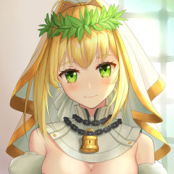 Rule 34 | 1girl, absurdres, bad id, bad pixiv id, bare shoulders, blonde hair, blush, breasts, bridal veil, chain, cleavage, closed mouth, commentary request, detached sleeves, fate/grand order, fate (series), green eyes, hair intakes, head tilt, highres, kojo (0124), lock, looking at viewer, medium breasts, nero claudius (bride) (fate), nero claudius (bride) (third ascension) (fate), nero claudius (fate), nero claudius (fate) (all), partial commentary, sidelocks, skindentation, smile, solo, upper body, veil, wreath