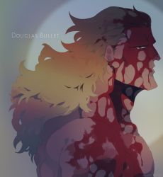 Rule 34 | 1boy, artist request, blonde hair, blood, blood on face, character name, douglas bullet, expressionless, highres, large pectorals, long hair, looking to the side, manly, muscular, one piece, one piece: stampede, pectorals