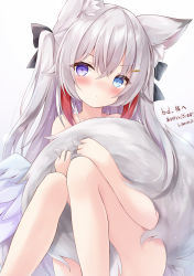 Rule 34 | &gt;:(, 1girl, animal ear fluff, animal ears, blue eyes, blush, bow, commission, fox ears, fox girl, fox tail, frown, grey hair, hair bow, heterochromia, highres, holding own tail, kata rosu, long hair, multicolored hair, nude, original, red hair, skeb commission, tail, tail censor, tail grab, two-tone hair, two side up, v-shaped eyebrows, white wings, wings
