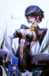 Rule 34 | 1girl, bayonetta, bayonetta (series), bayonetta 2, black hair, blue eyes, bodysuit, breasts, center opening, cleavage, earrings, female focus, glasses, gradient background, gun, jewelry, large breasts, lipstick, looking at viewer, makeup, mole, mole under mouth, navel, parted lips, short hair, solo, squatting, tagme, weapon, zeronis