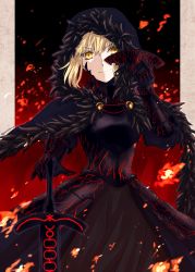 Rule 34 | 1girl, absurdres, armor, armored dress, artoria pendragon (all), artoria pendragon (fate), bad id, bad pixiv id, black cape, black dress, blonde hair, breastplate, cape, card, dress, excalibur morgan (fate), fate/stay night, fate (series), faulds, fur-trimmed cape, fur trim, hand on own hip, highres, holding, holding card, hooded, kawasemi sumika, looking at viewer, saber alter, short hair, smile, solo, standing, v-shaped eyebrows, yellow eyes