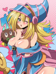 Rule 34 | 1girl, bad id, bad pixiv id, bare shoulders, blonde hair, blue dress, blush, blush stickers, breasts, broom, broom riding, cleavage, dark magician girl, dress, duel monster, elbow gloves, female focus, gloves, green eyes, hat, heart, hexagram, jewelry, kuriboh, large breasts, long hair, looking at viewer, loose clothes, miniskirt, necklace, one eye closed, open mouth, pink skirt, shiny skin, skirt, smoke, sound effects, teasing, thighs, wand, wink, wizard hat, yu-gi-oh!, yu-gi-oh! duel monsters, yuuga (cherrybomb-g)