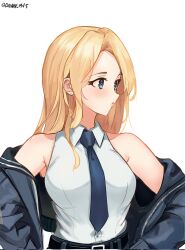 Rule 34 | 1girl, black jacket, black necktie, blonde hair, blue eyes, bomber jacket, collared shirt, dawn 1945, dress shirt, hands on own hips, highres, hornet (kancolle), jacket, kantai collection, long hair, looking to the side, necktie, shirt, simple background, sleeveless, sleeveless shirt, solo, twitter username, upper body, white background, white shirt