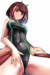 Rule 34 | 1girl, black one-piece swimsuit, blue hair, blush, breasts, brown eyes, brown hair, competition swimsuit, earrings, from below, garter straps, headpiece, highres, jewelry, jk-ff, large breasts, multicolored hair, nintendo, one-piece swimsuit, pyra (xenoblade), short hair, smile, standing, swimsuit, two-tone hair, white background, xenoblade chronicles (series), xenoblade chronicles 2, xenoblade chronicles (series), xenoblade chronicles 2