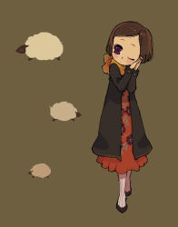 Rule 34 | blush, brown hair, coat, dress, ichikawa, oekaki, one eye closed, purple eyes, sheep, solo, wink