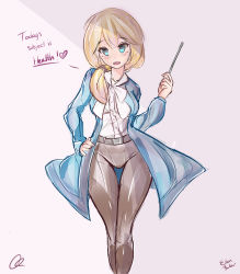 Rule 34 | 1girl, absurdres, belt, blonde hair, blue coat, blue eyes, breasts, brown pants, character name, coat, ellen baker, english text, highres, long hair, low ponytail, new horizon, pants, pointer, shirt, side ponytail, solo, white shirt