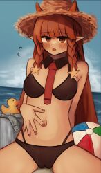 Rule 34 | absurdres, arknights, ball, beachball, bikini, black bikini, braid, breasts, cameltoe, commentary, commentary request, detached collar, english commentary, fang, fish, hat, highres, horns, horns through headwear, long hair, medium breasts, mixed-language commentary, navel, necktie, open mouth, outdoors, pointy ears, red eyes, red hair, red nails, red necktie, rubber duck, side braid, skin fang, straw hat, swimsuit, turnip eh, twin braids, very long hair, vigna (arknights), vigna (casual vacation) (arknights), water