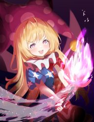 Rule 34 | 1girl, 258n, absurdres, american flag dress, blonde hair, breasts, clownpiece, fairy wings, highres, holding, holding torch, jewelry, looking at viewer, neck ruff, open mouth, polka dot, purple background, purple eyes, purple headwear, short hair, small breasts, smile, solo, star-shaped pupils, star (symbol), star print, striped, symbol-shaped pupils, torch, touhou, wings