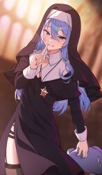 Rule 34 | 1girl, absurdres, alternate costume, black dress, blue eyes, blue hair, blurry, blurry background, commentary request, dress, finger to mouth, fishnet thighhighs, fishnets, garter straps, habit, hair between eyes, hand up, highres, holding, hololive, hoshimachi suisei, index finger raised, indoors, long hair, long sleeves, looking at viewer, nun, shushing, smile, solo, star (symbol), star in eye, symbol in eye, teeth, thighhighs, virtual youtuber, yozora (1wkdgusdn)