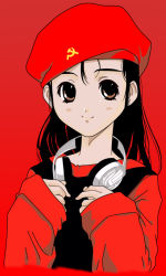 Rule 34 | 1girl, baggy clothes, beret, black hair, brown eyes, cccp, communism, hammer and sickle, happy, hat, headphones, headphones around neck, long hair, original, red background, red theme, russia, sennheiser, solo, soviet, vector trace