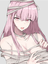 Rule 34 | 1girl, absurdres, bandage on chest, bandage on hair, bandage on neck, bandages, blunt bangs, breasts, cleavage, hand on own chest, highres, hololive, hololive english, large breasts, long hair, looking at viewer, mori calliope, mummy costume, open mouth, pink hair, red eyes, sak1 01, sidelocks, solo, virtual youtuber