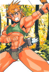 Rule 34 | 1boy, arrow (projectile), bow, bow (weapon), elf, fighting, male focus, muscular, nature, orange hair, outdoors, pointy ears, solo, torn clothes, weapon