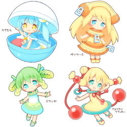 Rule 34 | 4girls, :d, aikei ake, bare arms, bare shoulders, blonde hair, blue capelet, blue dress, blue eyes, blue footwear, blue hair, blush, braid, braided hair rings, brown dress, capelet, chibi, collarbone, commentary request, double bun, dress, gradient background, green hair, hair bobbles, hair bun, hair ornament, hair rings, hand up, head tilt, highres, leaning to the side, long hair, looking at viewer, multiple girls, one side up, open mouth, original, outstretched arm, outstretched arms, parted lips, personification, sandals, shoes, sidelocks, simple background, sleeveless, sleeveless dress, smile, spread arms, standing, standing on one leg, stuffed animal, stuffed toy, teddy bear, translation request, white background, yellow dress, yellow eyes, yellow footwear, yellow headwear, zipper pull tab
