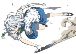 Rule 34 | 1girl, action, angry, apron, arm support, black footwear, blue eyes, bow, braid, dust cloud, frilled apron, frills, frown, glaring, green bow, hand on ground, headdress, holding, inuno rakugaki, izayoi sakuya, jumping, knife, looking to the side, maid headdress, mary janes, motion blur, mouth hold, outstretched leg, pocket watch, puffy short sleeves, puffy sleeves, sash, shirt, shoes, short hair, short sleeves, silver hair, simple background, solo, teeth hold, touhou, twin braids, watch, white apron, white background, white legwear, white sash, white shirt