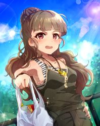 Rule 34 | 1girl, anaroguya, bag, blush, breasts, brown hair, cloud, commentary request, day, groceries, grocery bag, hair bun, hand on own hip, highres, holding, holding bag, idolmaster, idolmaster cinderella girls, jewelry, kamiya nao, lens flare, long hair, looking at viewer, medium breasts, necklace, open mouth, railing, red eyes, shirt, shopping bag, single hair bun, solo, sparkle, standing, striped clothes, striped shirt, sunlight