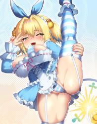 Rule 34 | 1girl, aqua eyes, areola slip, ass, ayagi daifuku, blonde hair, blue background, blue dress, blue ribbon, blush, bombergirl, bra, breasts, dress, frilled dress, frilled sleeves, frills, garter straps, gradient background, grenade hair ornament, groin, groin tendon, hair between eyes, hair ribbon, half-closed eyes, hand on own thigh, hands up, large breasts, lit fuse, long sleeves, looking at viewer, maid headdress, multicolored hair, nail polish, naughty face, panties, pine (bombergirl), pink nails, pink ribbon, raised eyebrows, ribbon, short hair, showgirl skirt, smile, solo, split, standing, standing on one leg, standing split, striped bra, striped clothes, striped panties, striped thighhighs, symbol-shaped pupils, thighhighs, thighs, underwear, w