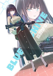 Rule 34 | 1girl, absurdres, alternate costume, assault rifle, bag, black footwear, black hair, blue archive, blue eyes, blue halo, breasts, brown skirt, character name, full body, grey sweater, gun, halo, highres, holding, holding gun, holding weapon, kojima takeshi, large breasts, long hair, long skirt, long sleeves, looking at viewer, open mouth, pantyhose, ribbed sweater, rifle, saori (blue archive), shoes, sig 516, sig sauer, skirt, solo, standing, sweater, weapon, white pantyhose, zoom layer