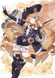 Rule 34 | 1girl, bare shoulders, black flower, black gloves, black hat, black rose, blonde hair, blue eyes, blue gemstone, blush, breasts, cleavage, detached sleeves, dress, drill hair, drill sidelocks, flower, frilled umbrella, frills, gem, genshin impact, gloves, grin, hat, hat flower, highres, holding, holding umbrella, jewelry, lace-trimmed collar, lace trim, long hair, looking at viewer, medium breasts, navia (genshin impact), one eye closed, open mouth, parasol, rose, shirase (shirose), sidelocks, smile, solo, strapless, strapless dress, thighs, umbrella, v, very long hair, yellow flower