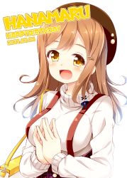 Rule 34 | 1girl, artist name, artist request, bag, blush, breasts, brown eyes, brown hair, brown hat, brown skirt, buttons, checkered clothes, checkered skirt, female focus, hair between eyes, hair bobbles, hair ornament, hairclip, hat, kunikida hanamaru, light brown hair, long hair, long sleeves, looking at viewer, love live!, love live! school idol festival, love live! school idol festival all stars, love live! sunshine!!, matching hair/eyes, medium breasts, own hands together, parted lips, shoulder bag, skirt, smile, solo, sweater, tekehiro, upper body, white background, white sweater, yellow eyes