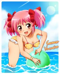 Rule 34 | 10s, 1girl, ball, breasts, cleavage, female focus, hair ribbon, kaname madoka, mahou shoujo madoka magica, maru takeo, ocean, outdoors, pink eyes, pink hair, ribbon, short twintails, sky, solo, swimsuit, twintails