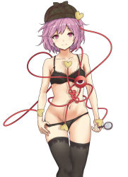 Rule 34 | 1girl, absurdres, black bra, black panties, black thighhighs, blush, bra, breasts, chinese commentary, commentary request, eyeball, foul detective satori, heart, highres, holding, holding magnifying glass, kaoshuzi, komeiji satori, looking at viewer, magnifying glass, noose, panties, purple eyes, purple hair, short hair, small breasts, smile, solo, thighhighs, third eye, touhou, underwear