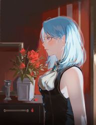 Rule 34 | 1girl, ace attorney, ascot, ato (ml cc g), blue eyes, blue hair, breasts, closed mouth, earrings, flower, formal, franziska von karma, highres, jewelry, mole, mole under eye, puffy sleeves, rose, short hair, solo, tears