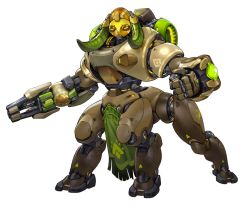 Rule 34 | absurdres, arm cannon, centauroid, clenched hand, full body, highres, horns, no humans, non-humanoid robot, official art, omnic, orisa (overwatch), overwatch, overwatch 1, robot, solo, taur, transparent background, weapon, yellow eyes