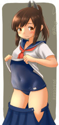 Rule 34 | 1girl, blue one-piece swimsuit, blue sailor collar, blue skirt, brown eyes, brown hair, clothes lift, commentary request, contrapposto, covered navel, dated, grey background, i-401 (kancolle), kantai collection, medium hair, neckerchief, one-hour drawing challenge, one-piece swimsuit, pleated skirt, ponytail, ray.s, red neckerchief, sailor collar, sailor shirt, school swimsuit, school uniform, serafuku, shirt, shirt lift, short ponytail, sidelocks, skirt, solo, standing, swimsuit, swimsuit under clothes, tan, two-tone background, undressing