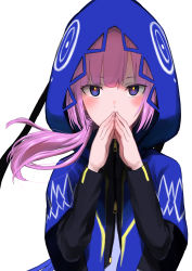 Rule 34 | 1girl, absurdres, blush, capelet, covering own mouth, floating hair, highres, hood, hood up, hooded capelet, kaf (kamitsubaki studio), kamitsubaki studio, long sleeves, looking at viewer, medium hair, multicolored eyes, nishikino kee, own hands together, pink hair, side ponytail, simple background, solo, steepled fingers, virtual youtuber, white background, yellow pupils, zipper pull tab