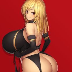 Rule 34 | 1girl, ass, back, black gloves, blonde hair, blush, breasts, elbow gloves, garter straps, gloves, highres, huge ass, huge breasts, long hair, looking at viewer, looking back, makino momiji (artist), original, red background, red eyes, smile, solo