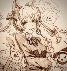 Rule 34 | 1girl, :p, animal ears, bow, braid, candy, cat ears, cat tail, food, hair bow, halloween, highres, holding, holding candy, holding food, holding lollipop, kaenbyou rin, lollipop, looking at viewer, mizudori (msarasoju), monochrome, sketch, slit pupils, swirl lollipop, tail, tongue, tongue out, touhou, twin braids