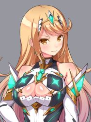 Rule 34 | 1girl, bare shoulders, blonde hair, blush, breasts, cleavage, cleavage cutout, closed mouth, clothing cutout, f 1chan, grey background, large breasts, long hair, looking at viewer, mythra (xenoblade), nintendo, simple background, smile, solo, upper body, xenoblade chronicles (series), xenoblade chronicles 2, xenoblade chronicles (series), xenoblade chronicles 2, yellow eyes