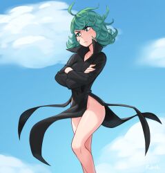 Rule 34 | 1girl, ahoge, artist name, bare legs, black dress, blue sky, breasts, cloud, collarbone, commentary, crossed arms, dress, feet out of frame, frown, green eyes, green hair, highres, long sleeves, looking away, looking to the side, medium breasts, medium hair, no panties, one-punch man, outdoors, rob ishi, sky, solo, tatsumaki