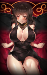Rule 34 | 1girl, arm support, arms behind back, black dress, blunt bangs, blush, breasts, breasts apart, brooch, brown hair, couch, detached collar, dress, dsr-50 (girls&#039; frontline), dsr-50 (highest bid) (girls&#039; frontline), earrings, empty eyes, female pubic hair, girls&#039; frontline, halter dress, halterneck, jewelry, large breasts, long hair, looking at viewer, no bra, no panties, nt00, official alternate costume, parted lips, pubic hair, red eyes, sidelocks, sitting, sleeveless, sleeveless dress, solo