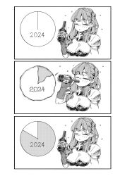 1girl 2024 3koma alcohol armor artist_request bottle breasts character_request cleavage closed_eyes comic drinking drunk highres large_breasts monochrome open_mouth solo source_request