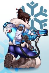 Rule 34 | 1girl, ass, back, beads, boots, brown hair, canister, coat, fur, glass, glasses, gun, hair bun, hair ornament, hair stick, hairpin, highres, kneeling, meganemausu, mei (overwatch), overwatch, overwatch 1, single hair bun, solo, thick thighs, thighs, tube, weapon