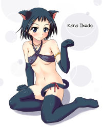 Rule 34 | 00s, 1girl, :3, animal ears, arm support, armlet, blue eyes, blue hair, blush, breasts, cat ears, cat tail, covered erect nipples, elbow gloves, flat chest, gloves, hair ornament, hairclip, ikeda kana, jewelry, johnny (from scratch), matching hair/eyes, necklace, no panties, paw pose, ribbon, saki (manga), short hair, sitting, small breasts, smile, solo, tail, thighhighs, underboob