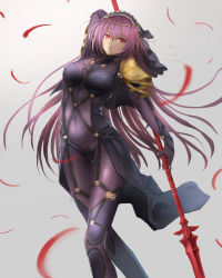 Rule 34 | 1girl, breasts, brown hair, fate/grand order, fate (series), highres, holding, holding polearm, holding spear, holding weapon, k ryo, large breasts, long hair, looking at viewer, parted lips, polearm, red eyes, scathach (fate), solo, spear, weapon