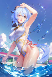 Rule 34 | 1girl, :o, alternate costume, arm up, armpits, bare arms, bare shoulders, bell, blue hair, breasts, clothing cutout, covered erect nipples, covered navel, cowbell, day, ganyu (genshin impact), genshin impact, goat horns, highleg, highleg swimsuit, highres, horns, long hair, looking at viewer, low ponytail, medium breasts, one-piece swimsuit, open mouth, outdoors, purple eyes, side cutout, solo, swimsuit, thighs, very long hair, wading, water, wet, white one-piece swimsuit, y.i. (lave2217)