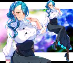 Rule 34 | 1girl, akirannu, black pantyhose, blue footwear, blue hair, blue skirt, breasts, closed mouth, drop shadow, earrings, full body, glasses, green eyes, hand up, heterochromia, high-waist skirt, highres, jewelry, large breasts, letterboxed, long hair, long skirt, long sleeves, looking at viewer, mole, mole under mouth, original, pantyhose, puffy long sleeves, puffy sleeves, shirt, skirt, smile, stud earrings, variations, white shirt, yellow-framed eyewear, yellow eyes, zoom layer