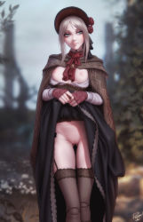 Rule 34 | 1girl, artist name, black garter straps, black skirt, black thighhighs, bloodborne, blurry, blurry background, bonnet, breasts, breasts out, brown cloak, cloak, clothes lift, commentary, day, doll joints, english commentary, garter straps, gluteal fold, grey eyes, highres, joints, lifting own clothes, long skirt, long sleeves, nipples, open clothes, open shirt, outdoors, personal ami, plain doll, pussy, shirt, skirt, skirt lift, small breasts, solo, thigh gap, thighhighs, uncensored, white hair, white shirt
