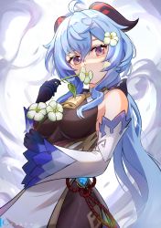 Rule 34 | 1girl, absurdres, ahoge, bare shoulders, bell, black gloves, black legwear, blue hair, breasts, chinese knot, commentary, cruzvu, curled horns, detached sleeves, english commentary, flower, flower in mouth, flower knot, ganyu (genshin impact), genshin impact, gloves, gold trim, hair flower, hair ornament, highres, holding, holding flower, horns, long hair, looking at viewer, low ponytail, medium breasts, neck bell, petals, purple eyes, qingxin flower, sidelocks, solo, thighlet, vision (genshin impact), white sleeves