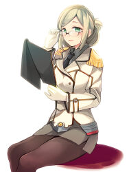 Rule 34 | 1girl, adjusting eyewear, blush, book, breasts, brown hair, buttons, double-breasted, epaulettes, folded ponytail, glasses, gloves, green eyes, highres, kantai collection, katori (kancolle), large breasts, light brown hair, long hair, looking at viewer, military, military uniform, necktie, open mouth, pantyhose, pencil skirt, rimless eyewear, shirt, sitting, skirt, smile, solo, teramoto kaoru, uniform, white background, white gloves