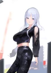 Rule 34 | 1girl, arms at sides, bad id, bad twitter id, belt, black pants, black shirt, blue eyes, blue hair, blue nails, blunt bangs, breasts, clothing cutout, cowboy shot, crop top, fingernails, from below, from side, frown, highres, large breasts, light blue hair, long fingernails, long hair, long sleeves, looking at viewer, midriff, nail polish, open mouth, original, pants, shirt, shoulder cutout, sidelocks, solo, yu-dachi