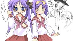 Rule 34 | 00s, 1boy, 2girls, blush, closed eyes, crossover, full metal jacket, hiiragi kagami, hiiragi tsukasa, long hair, looking at viewer, lucky star, military, military uniform, multiple girls, oekaki, open mouth, school uniform, serafuku, sgt hartman, short hair, siblings, simple background, sisters, smile, soldier, toshi (little-fluffy-cloud), translation request, twins, uniform, white background