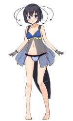 Rule 34 | 1girl, :o, absurdres, babydoll, barefoot, black gloves, black hair, blue babydoll, blue eyes, blue panties, bob cut, breasts, full body, gloves, highres, kemono friends, lingerie, looking at viewer, navel, panties, parted lips, shiraha maru, short hair, simple background, sketch, small breasts, solo, standing, underwear, western parotia (kemono friends), white background